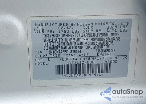 2013 Nissan Versa 1.6 Sv z USA, uszkodzony, nr VIN 3N1CN7AP5DL819164